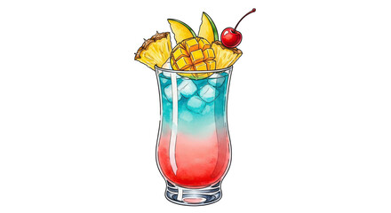 A tropical cocktail with pineapple, mango, and cherry garnish in a tall glass on a black background