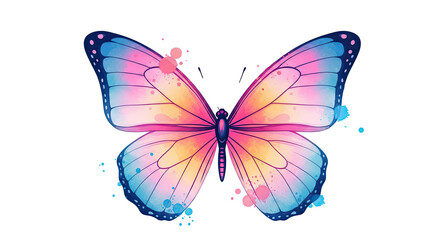 A vibrant watercolor butterfly with pink yellow and blue wings on a black background illustration art