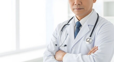 Close-up of a serious doctor in a white coat, arms crossed, in a modern medical office.