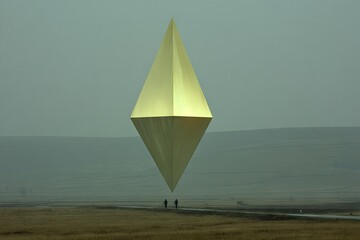 Golden diamond-shaped object floats above a vast, hazy landscape. Two figures walk on a road below
