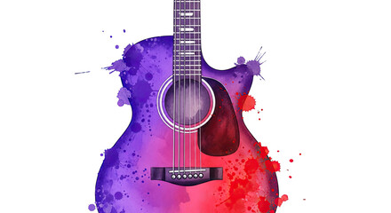 Watercolor guitar with red and purple splashes on a black background in a digital painting style