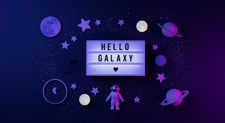 Cute space-themed flatlay with “Hello Galaxy” lightbox