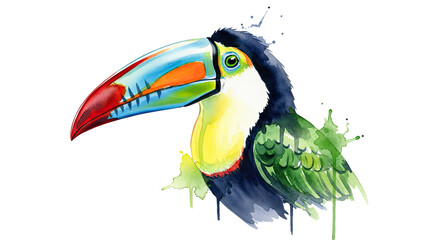 Watercolor illustration of a toucan with a colorful beak on a black background looking left