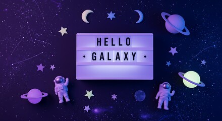 Cute space-themed flatlay with “Hello Galaxy” lightbox