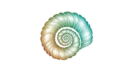 A watercolor illustration of a nautilus shell with a gradient from yellow to green on black background