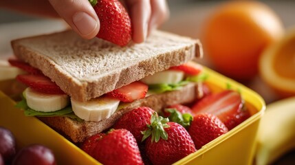 Hand placing strawberry on sandwich in lunchbox (1)