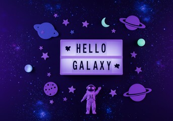 Cute space-themed flatlay with “Hello Galaxy” lightbox