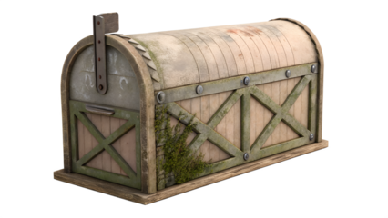 A rustic, weathered rural mailbox with a wooden and metal construction, isolated on a transparent background