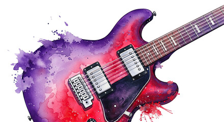 A watercolor style painting of an electric guitar with purple and red hues on a black background