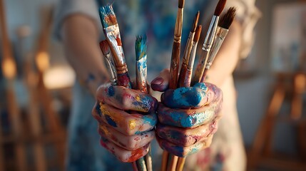 Close-up of an artist's paint-covered hands holding a bouquet of messy paintbrushes in a creative art studio.