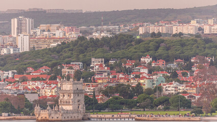 Aerial view of Belem Tower timelapse, one the most famous landmark in the city of Lisbon, Portugal.