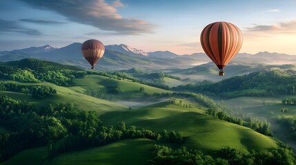 Fototapeta premium Scenic aerial view of two hot air balloons soaring over green rolling hills misty valleys and distant mountains
