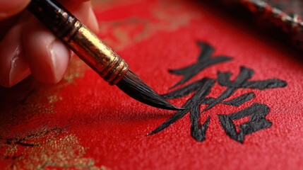 Hand-painted Chinese calligraphy on red paper