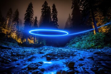 Mystical light circle over a mountain stream at night