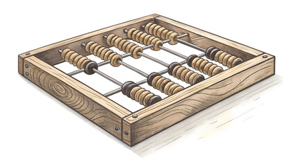 A watercolor illustration of a vintage wooden abacus with beads on rods, representing traditional counting and calculation methods isolated on transparent background