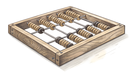 A watercolor illustration of a vintage wooden abacus with beads on rods, representing traditional counting and calculation methods isolated on transparent background