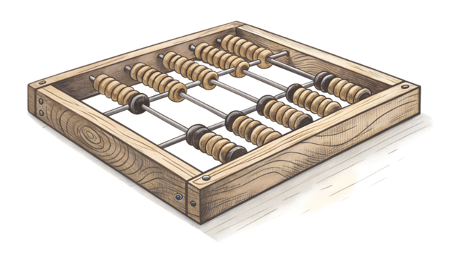 A watercolor illustration of a vintage wooden abacus with beads on rods, representing traditional counting and calculation methods isolated on transparent background