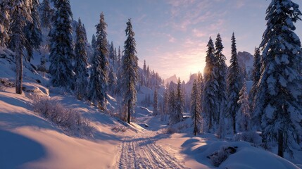 Snowy mountain path at sunrise