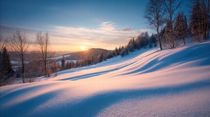 Winter sunset over snowy hills