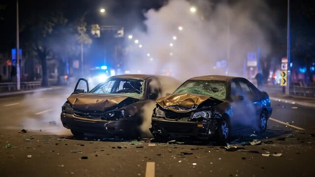 Two severely damaged cars are positioned on a darkened street after a collision, smoke rising, broken glass, and police lights
