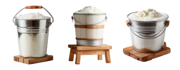 Three Metal Buckets with Creamy White Substance on Transparent Background