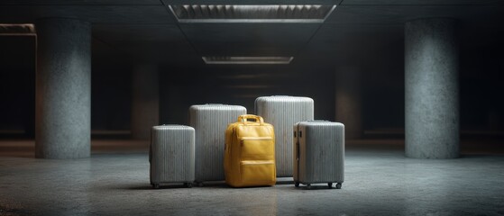 Perfectly arranged worn gray suitcases with yellow backpack in dramatic setting
