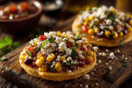 Corn based sopes topped with beans salsa and cheese