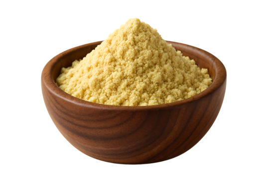 Dry ginger spice powder in wooden bowl warming aromatic root used for baking cooking digestion and traditional remedies isolated on transparent background