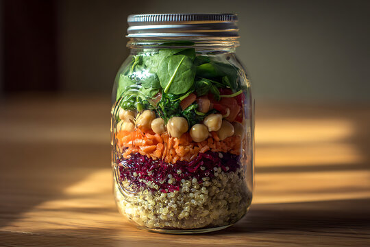 Healthy layered salad in a jar with fresh greens and grains