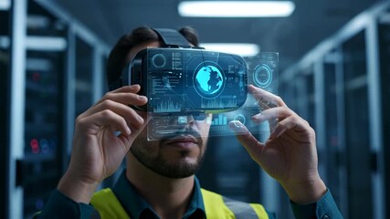 Male engineer in VR Headset Interacting with digital data visualization in a server room - Powered by Adobe