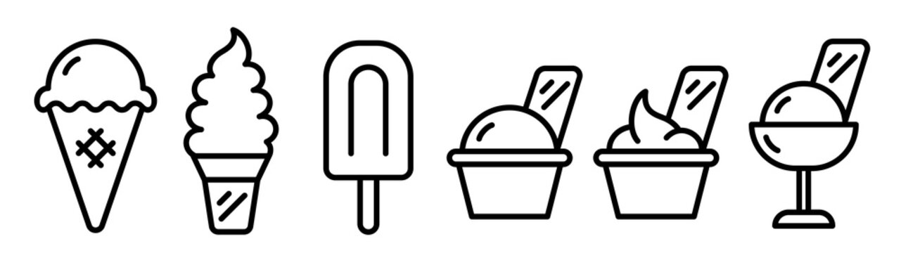 Ice cream and soft serve icon set. Black color outline icon on white background.