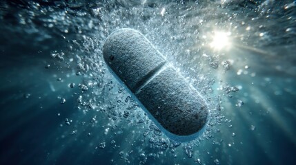 Pill underwater, bubbles