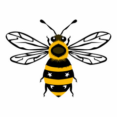 Detailed bee illustration with transparent wings, bold yellow-black stripes, and star accents. Perfect for nature logos, stickers, and eco-friendly designs.