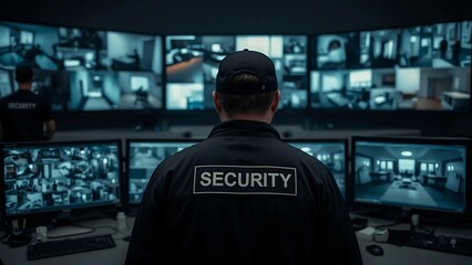 Fototapeta premium A dedicated security guard meticulously monitoring a bank of CCTV screens in a high-tech surveillance control room.