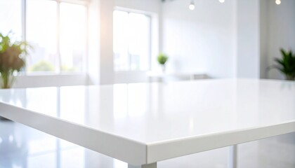 Glossy white tabletop in a professional studio setup, ideal for cosmetic or tech product displays, minimalism, modern clean aesthetic