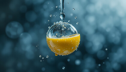 A crystal lemon orb, seemingly weightless, is drenched by pouring water, with vibrant yellow lemons blurred in the background.