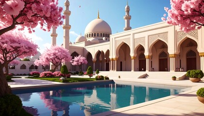 Serene mosque with cherry blossoms