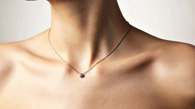 Close-up of a delicate silver necklace resting on a woman's collarbone against a soft background