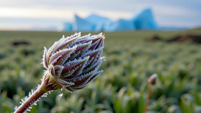 Frost Covered Plant and Flower Buds in Lush Green Field with Iceberg in Distance Create Serene Nature Landscape Close Up