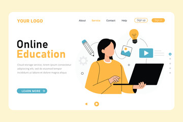 Study online landing page template, modern student or learner studying remotely from home, online student. Online education, training and courses, learning. Modern vector illustration in flat style.