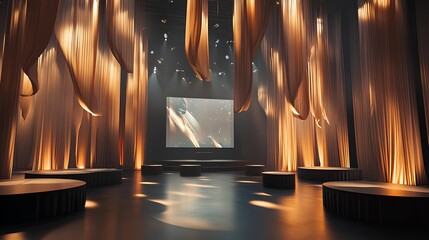 Elegant Theater with Curtains: A mesmerizing theater setting, enveloped by flowing curtains and captivating stage lighting, invites the viewer into a world of artistic performance and dramatic allure.