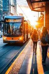 A public transit bus arriving at a stop during golden hour, with passengers ready to board,