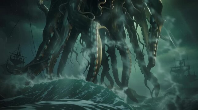 Giant sea monster with glowing eyes and tentacles rising from dark stormy ocean waves near old ships under lightning sky creating eerie atmosphere