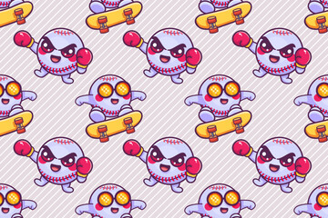 happy baseball ball character seamless pattern illustration background