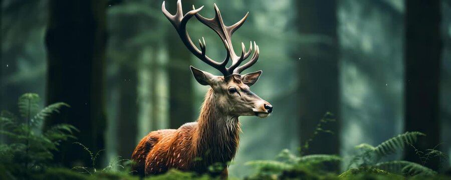 Deer with large antlers resting and standing green forest surrounded by ferns and tall trees peaceful natural wildlife and animal nature environment