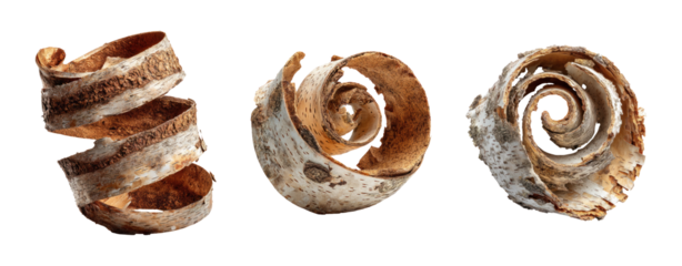 Isolated natural tree bark curls on transparent background