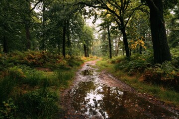 Obraz premium Forest path after rain with standing water reflects the sky, surrounded by foliage