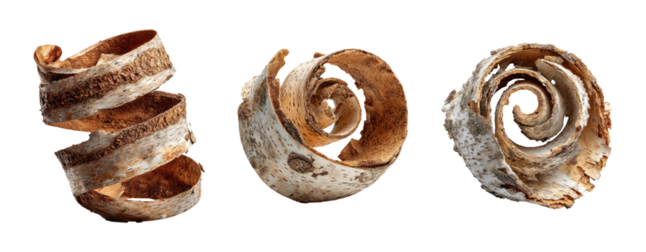 Isolated natural tree bark curls on transparent background