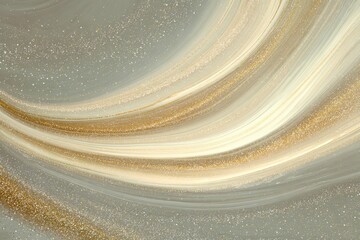 Harmonious pearl-gold wave movement with silver glitter accents, minimalist matte texture transitioning from cream to dove gray, premium product packaging backdrop