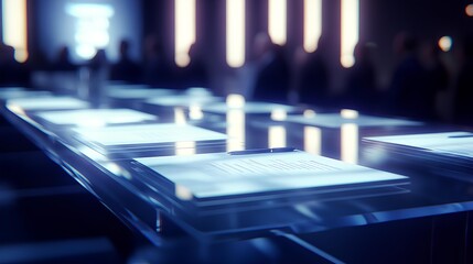 Boardroom Under the Blue Light: A wide angle captures an enigmatic boardroom bathed in cool, blue light, with documents neatly arranged on a reflective table, creating a sense of modern industry.